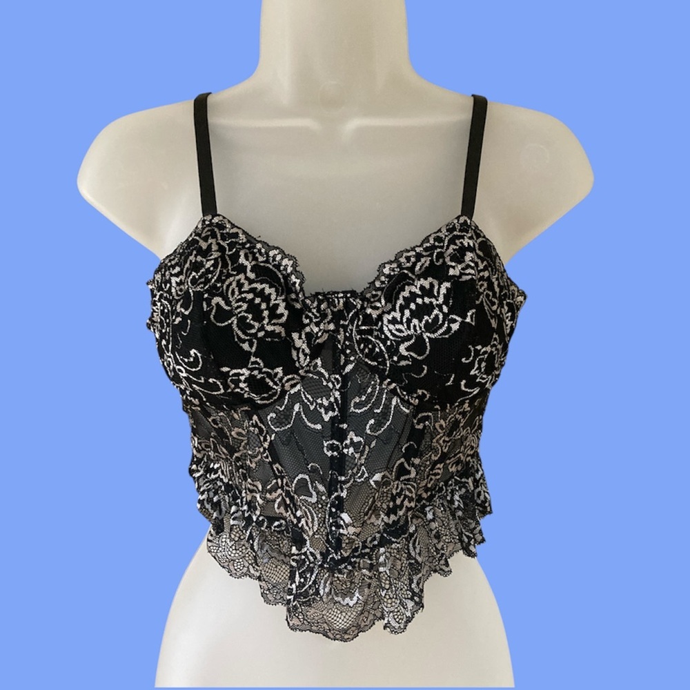 Embroidered Black & Silver Lace Pleated Corset Tank Top Size:M EUC - Picture 4 of 9